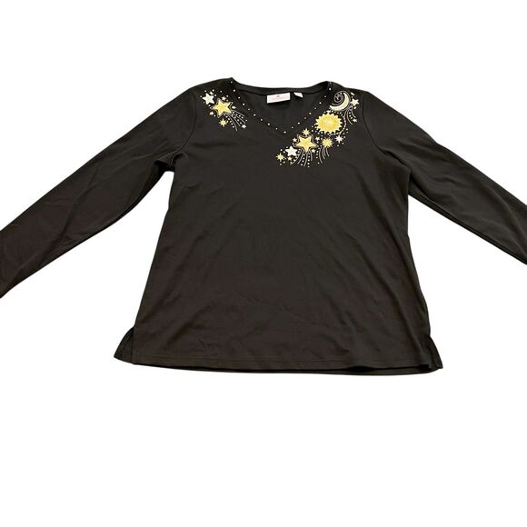 Quacker Factory Women’s Top M Black Celestial V-Neck Long Sleeve Stars Moon - Picture 2 of 10